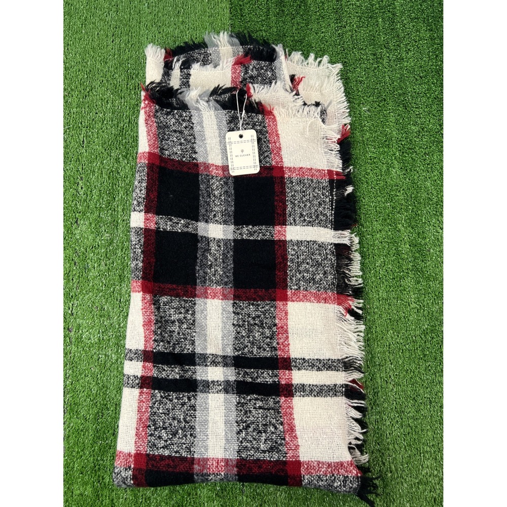 Be Clever Plaid Blanket Scarf Black Red Ivory Fringed Oversized Wrap